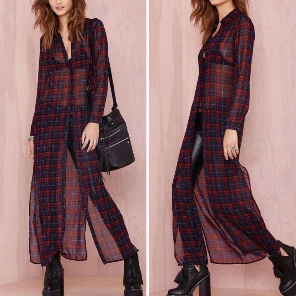 Nasty Gal Red and Blue Plaid Sheer Dress